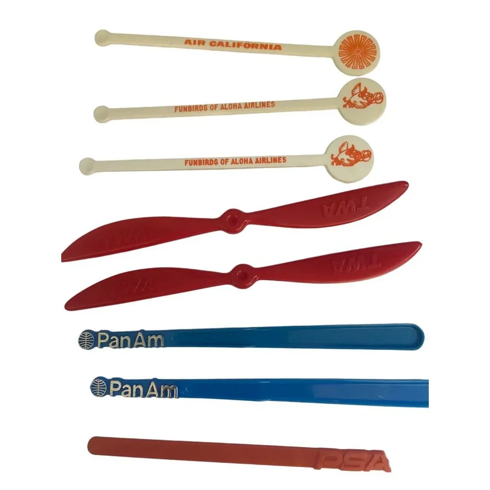 Vintage Lot of 8 Airline Swizzle Sticks Including TWA, PanAm, Aloha, and Air Cal
